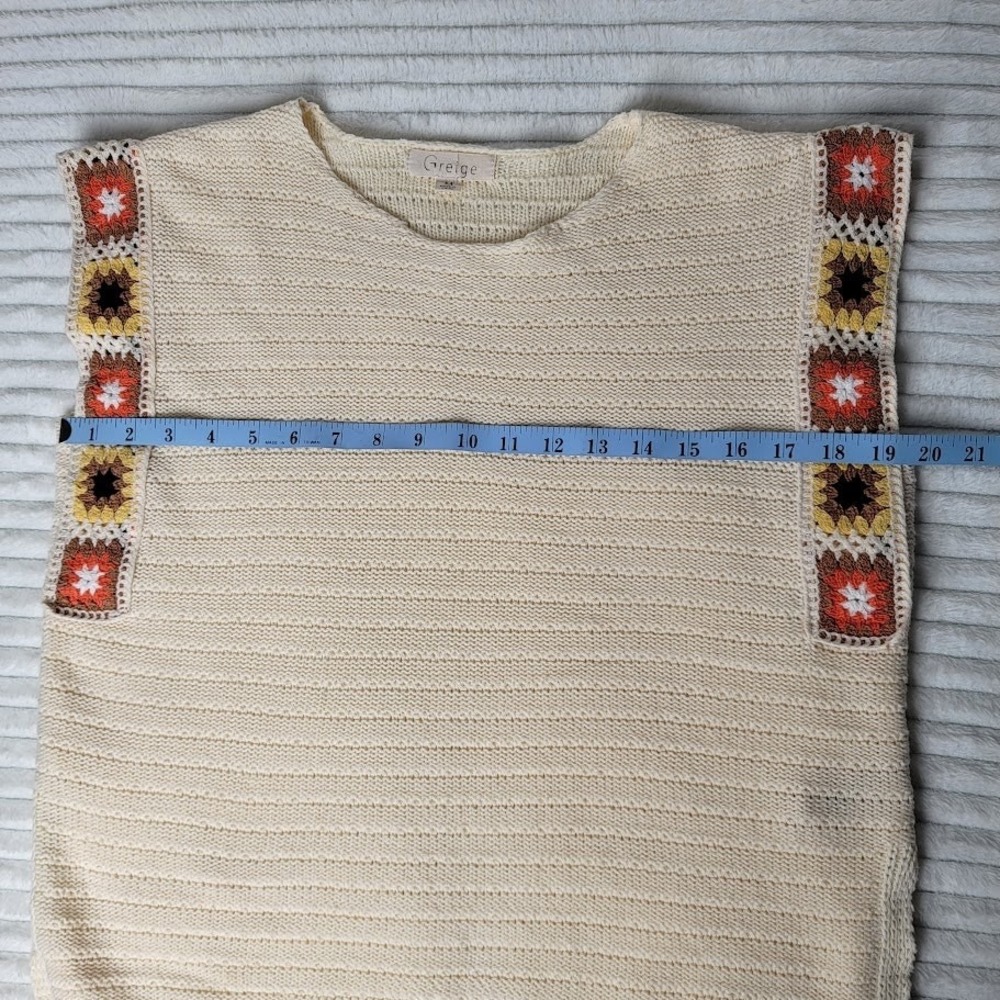 Crochet Granny Square Vest Cream Boho Retro Sweater Tank Women's M Greige - Picture 6 of 9